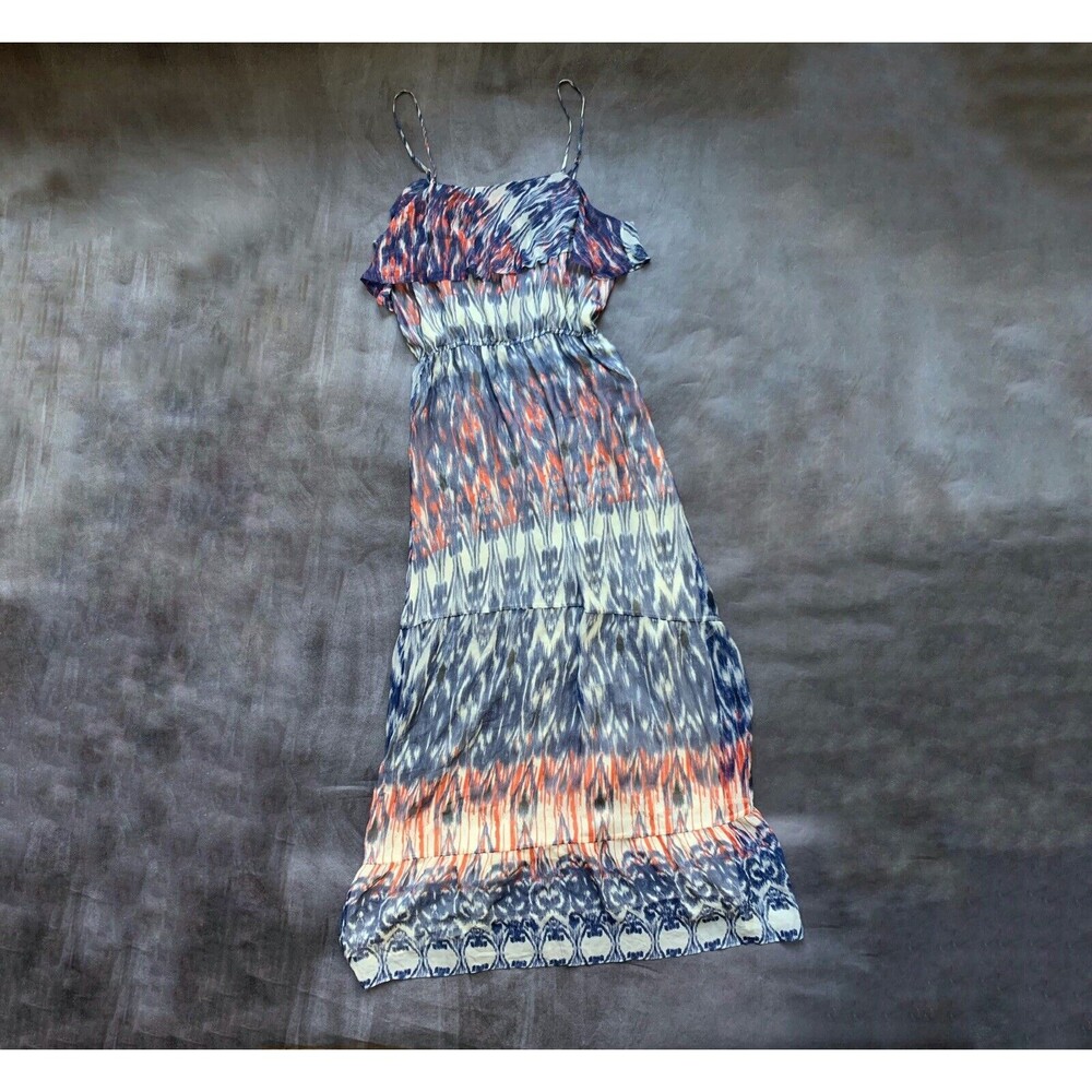 Joie Blue, Cream, Orange Ruffle Silk Adjustable Strap Maxi Dress Size Medium